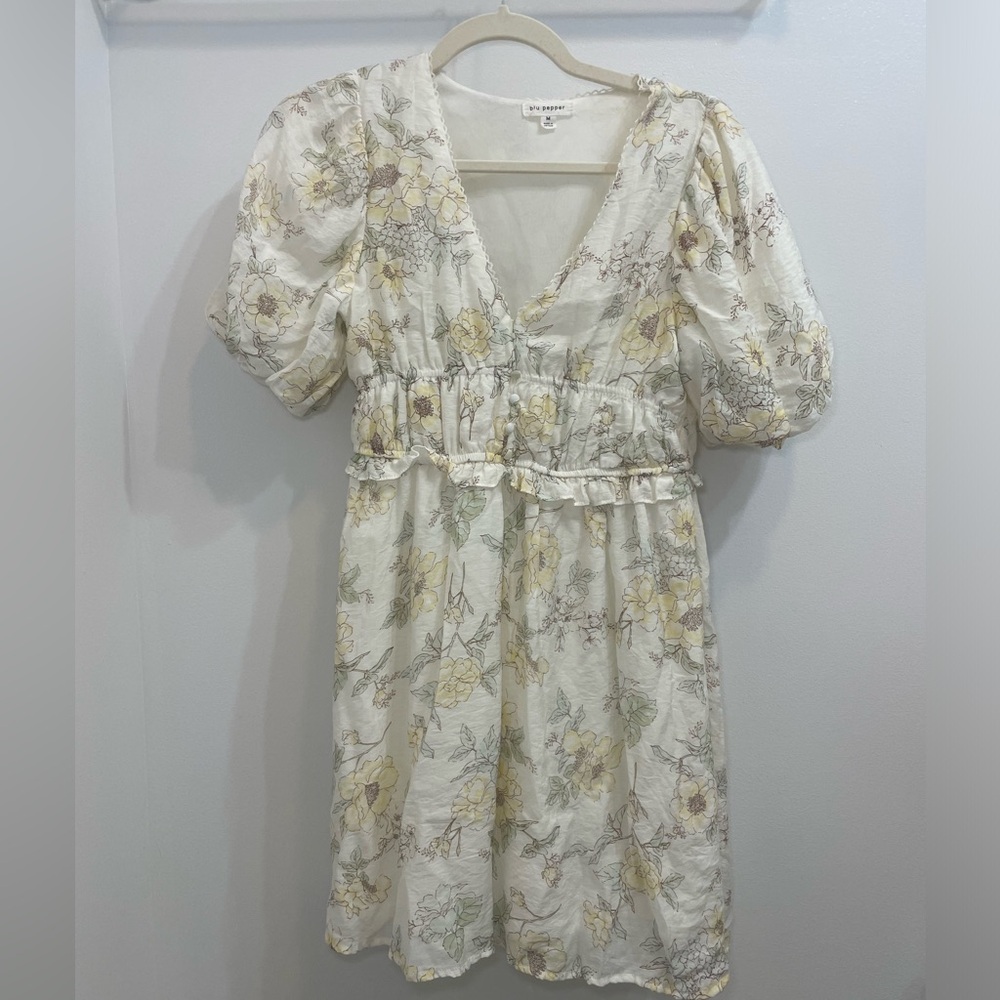 Blu Pepper Off White Floral Sundress Puff Sleeve Tiered Cottagecore Women's M